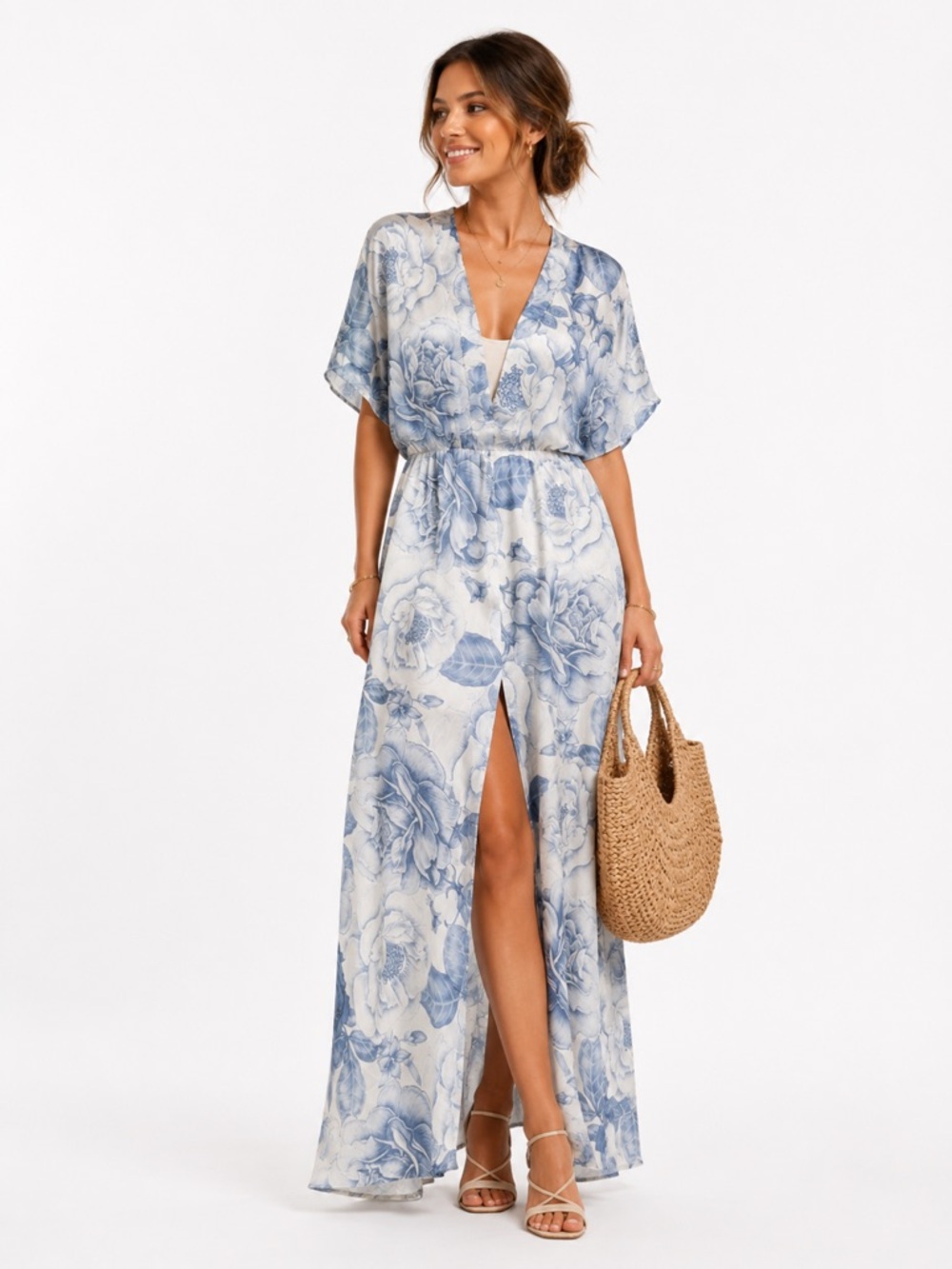Lucian Matis White Blue Floral Midi Dress Size 8 Designer Occasion Wedding Guest